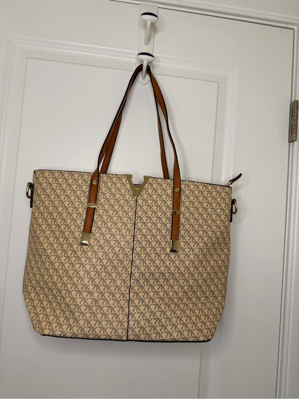 Beige Monogram Tote Bag with Brown Straps